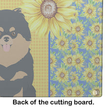 Load image into Gallery viewer, Summer Sunflowers Black and Tan Pomeranian Glass Cutting Boards – Durable, Decorative Kitchen Art Large