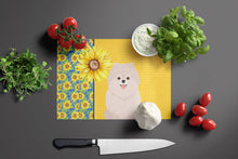 Load image into Gallery viewer, Summer Sunflowers White Pomeranian Glass Cutting Boards – Durable, Decorative Kitchen Art Large
