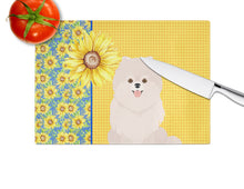 Load image into Gallery viewer, Summer Sunflowers White Pomeranian Glass Cutting Boards – Durable, Decorative Kitchen Art Large