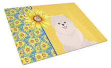Load image into Gallery viewer, Summer Sunflowers White Pomeranian Glass Cutting Boards – Durable, Decorative Kitchen Art Large