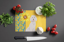 Load image into Gallery viewer, Summer Sunflowers Standard White Poodle Glass Cutting Boards – Durable, Decorative Kitchen Art Large