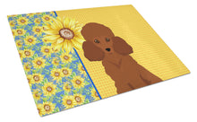 Load image into Gallery viewer, Summer Sunflowers Toy Red Poodle Glass Cutting Boards – Durable, Decorative Kitchen Art Large