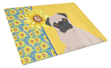 Load image into Gallery viewer, Summer Sunflowers Fawn Pug Glass Cutting Boards – Durable, Decorative Kitchen Art Large