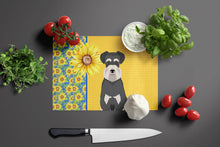 Load image into Gallery viewer, Summer Sunflowers Black and Silver Natural Ears Schnauzer Glass Cutting Boards – Durable, Decorative Kitchen Art Large