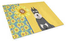 Load image into Gallery viewer, Summer Sunflowers Black and Silver Schnauzer Glass Cutting Boards – Durable, Decorative Kitchen Art Large