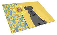 Load image into Gallery viewer, Summer Sunflowers Black Natural Ears Schnauzer Glass Cutting Boards – Durable, Decorative Kitchen Art Large
