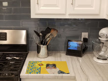 Load image into Gallery viewer, Summer Sunflowers Blue Merle Sheltie Glass Cutting Boards – Durable, Decorative Kitchen Art Large