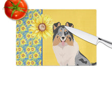 Load image into Gallery viewer, Summer Sunflowers Blue Merle Sheltie Glass Cutting Boards – Durable, Decorative Kitchen Art Large