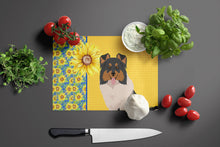 Load image into Gallery viewer, Summer Sunflowers Tricolor Sheltie Glass Cutting Boards – Durable, Decorative Kitchen Art Large