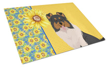 Load image into Gallery viewer, Summer Sunflowers Tricolor Sheltie Glass Cutting Boards – Durable, Decorative Kitchen Art Large