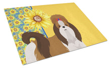 Load image into Gallery viewer, Summer Sunflowers Red and White Shih Tzu Glass Cutting Boards – Durable, Decorative Kitchen Art Large