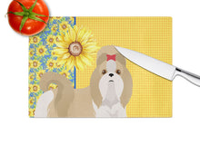 Load image into Gallery viewer, Summer Sunflowers Gold and White Shih Tzu Glass Cutting Boards – Durable, Decorative Kitchen Art Large