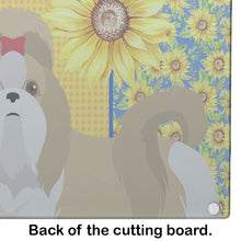 Load image into Gallery viewer, Summer Sunflowers Gold and White Shih Tzu Glass Cutting Boards – Durable, Decorative Kitchen Art Large