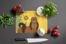 Load image into Gallery viewer, Summer Sunflowers Red Shih Tzu Glass Cutting Boards – Durable, Decorative Kitchen Art Large
