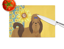 Load image into Gallery viewer, Summer Sunflowers Red Shih Tzu Glass Cutting Boards – Durable, Decorative Kitchen Art Large