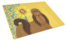 Load image into Gallery viewer, Summer Sunflowers Red Shih Tzu Glass Cutting Boards – Durable, Decorative Kitchen Art Large