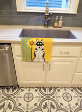 Load image into Gallery viewer, Summer Sunflowers Black Siberian Husky Kitchen Towel