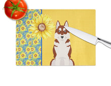 Load image into Gallery viewer, Summer Sunflowers Red Siberian Husky Glass Cutting Boards – Durable, Decorative Kitchen Art Large