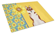 Load image into Gallery viewer, Summer Sunflowers Red Siberian Husky Glass Cutting Boards – Durable, Decorative Kitchen Art Large