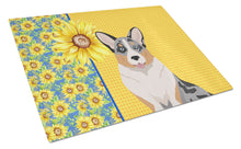 Load image into Gallery viewer, Summer Sunflowers Blue Merle Cardigan Corgi Glass Cutting Boards – Durable, Decorative Kitchen Art Large