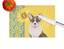 Load image into Gallery viewer, Summer Sunflowers Brindle Cardigan Corgi Glass Cutting Boards – Durable, Decorative Kitchen Art Large