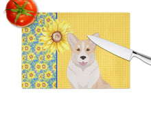 Load image into Gallery viewer, Summer Sunflowers Fawn Cardigan Corgi Glass Cutting Boards – Durable, Decorative Kitchen Art Large