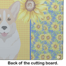 Load image into Gallery viewer, Summer Sunflowers Fawn Cardigan Corgi Glass Cutting Boards – Durable, Decorative Kitchen Art Large