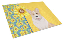 Load image into Gallery viewer, Summer Sunflowers Fawn Cardigan Corgi Glass Cutting Boards – Durable, Decorative Kitchen Art Large