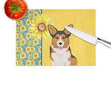 Load image into Gallery viewer, Summer Sunflowers Sable Pembroke Corgi Glass Cutting Boards – Durable, Decorative Kitchen Art Large
