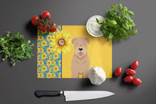 Load image into Gallery viewer, Summer Sunflowers Red Wheaten Terrier Glass Cutting Boards – Durable, Decorative Kitchen Art Large