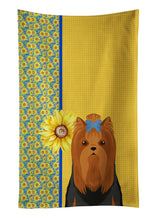 Load image into Gallery viewer, Summer Sunflowers Black and Tan Full Coat Yorkshire Terrier Kitchen Towel