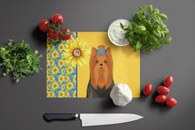 Load image into Gallery viewer, Summer Sunflowers Black and Tan Full Coat Yorkshire Terrier Glass Cutting Boards – Durable, Decorative Kitchen Art Large