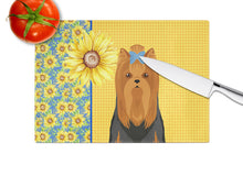 Load image into Gallery viewer, Summer Sunflowers Black and Tan Full Coat Yorkshire Terrier Glass Cutting Boards – Durable, Decorative Kitchen Art Large