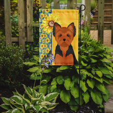 Load image into Gallery viewer, Summer Sunflowers Black and Tan Puppy Cut Yorkshire Terrier Garden Flag – Decorative Outdoor Yard Flag
