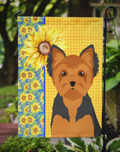 Load image into Gallery viewer, Summer Sunflowers Black and Tan Puppy Cut Yorkshire Terrier Garden Flag – Decorative Outdoor Yard Flag