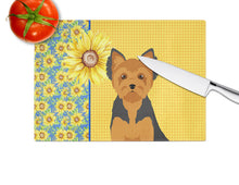 Load image into Gallery viewer, Summer Sunflowers Black and Tan Puppy Cut Yorkshire Terrier Glass Cutting Boards – Durable, Decorative Kitchen Art Large
