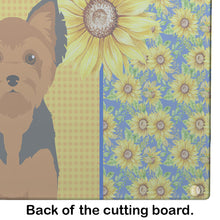 Load image into Gallery viewer, Summer Sunflowers Black and Tan Puppy Cut Yorkshire Terrier Glass Cutting Boards – Durable, Decorative Kitchen Art Large