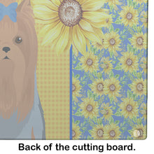 Load image into Gallery viewer, Summer Sunflowers Blue and Tan Full Coat Yorkshire Terrier Glass Cutting Boards – Durable, Decorative Kitchen Art Large