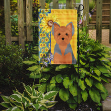Load image into Gallery viewer, Summer Sunflowers Blue and Tan Puppy Cut Yorkshire Terrier Garden Flag – Decorative Outdoor Yard Flag