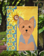 Load image into Gallery viewer, Summer Sunflowers Blue and Tan Puppy Cut Yorkshire Terrier Garden Flag – Decorative Outdoor Yard Flag