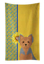 Load image into Gallery viewer, Summer Sunflowers Blue and Tan Puppy Cut Yorkshire Terrier Kitchen Towel