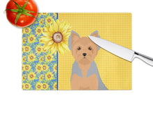 Load image into Gallery viewer, Summer Sunflowers Blue and Tan Puppy Cut Yorkshire Terrier Glass Cutting Boards – Durable, Decorative Kitchen Art Large