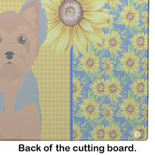 Load image into Gallery viewer, Summer Sunflowers Blue and Tan Puppy Cut Yorkshire Terrier Glass Cutting Boards – Durable, Decorative Kitchen Art Large