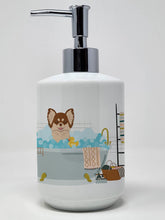 Load image into Gallery viewer, Longhaired Chocolate and White Chihuahua Ceramic Soap Dispenser