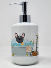 Load image into Gallery viewer, Black White French Bulldog in Bathtub Ceramic Soap Dispenser