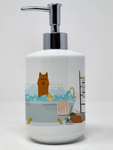 Load image into Gallery viewer, Karelian Bear Dog in Bathtub Ceramic Soap Dispenser