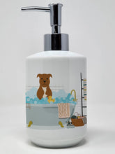 Load image into Gallery viewer, Brown Staffordshire Bull Terrier in Bathtub Ceramic Soap Dispenser