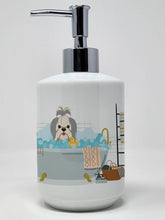 Load image into Gallery viewer, Silver White Shih Tzu in Bathtub Ceramic Soap Dispenser