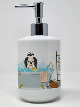 Load image into Gallery viewer, Black White Shih Tzu in Bathtub Ceramic Soap Dispenser