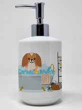 Load image into Gallery viewer, Red White Pekingese in Bathtub Ceramic Soap Dispenser